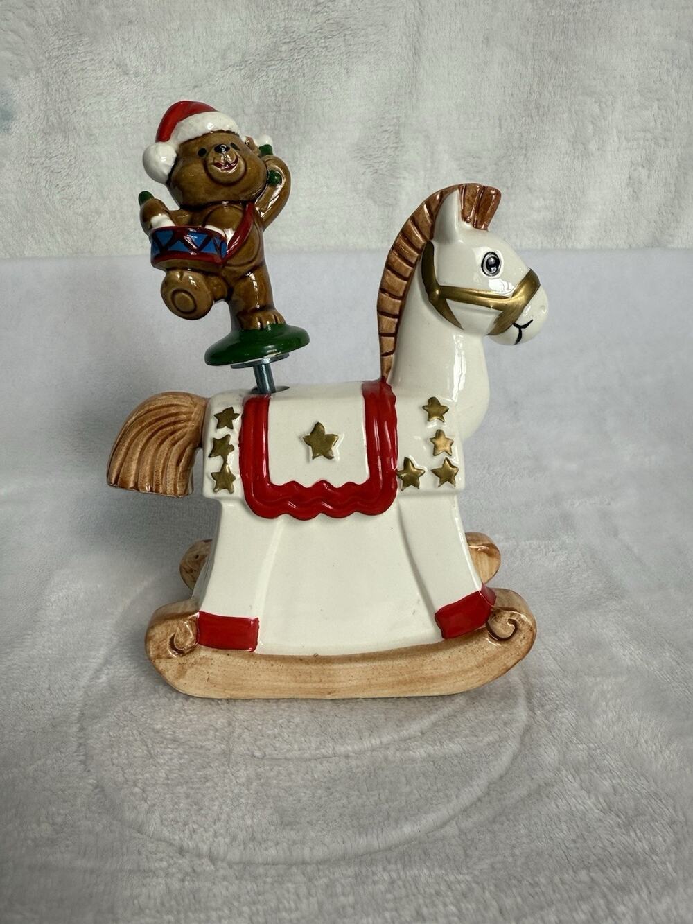 Vintage Christmas Rocking Horse W/ Bear Drummer Music Box NOS Japan